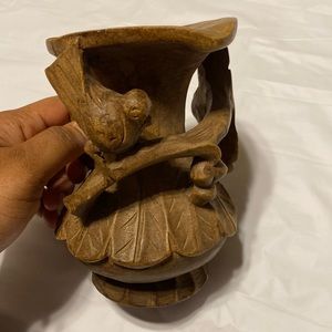 Vintage carvet wood vase pitcher bird branch berries leaves brown color …